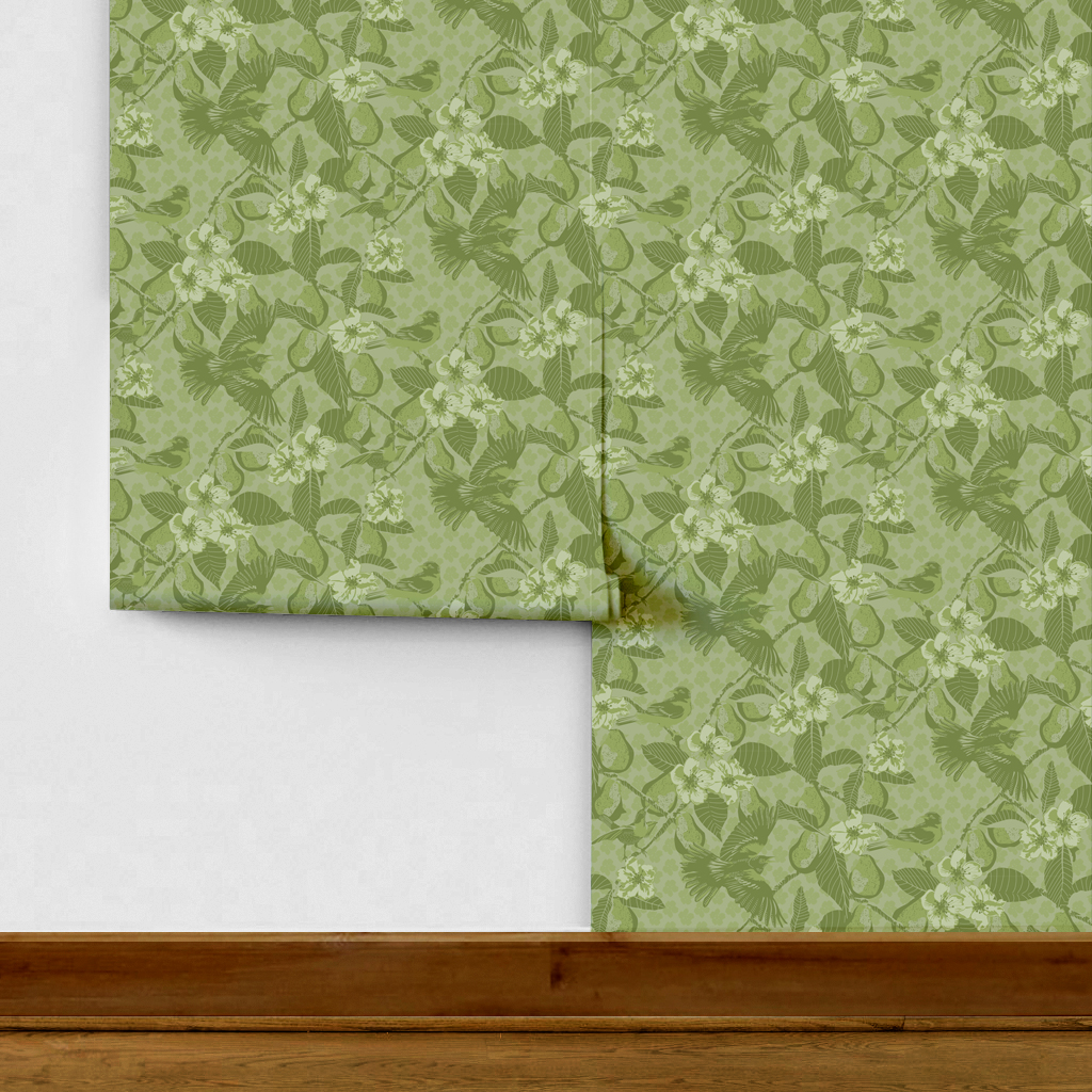 The artwork showcases a vibrant and detailed pattern featuring three orange and black birds set against a backdrop of yellow pears, green leaves, and white blossoms. The birds are depicted in different poses: one perched on a branch, one in mid-flight with wings spread, and another near a pear. The rich colors and intricate details of the feathers, fruits, and flowers create a lively and harmonious composition. The overall style combines naturalistic elements with a decorative, repeating design, highlighting the beauty of nature with emphasis on bold contrasts and vivid hues.